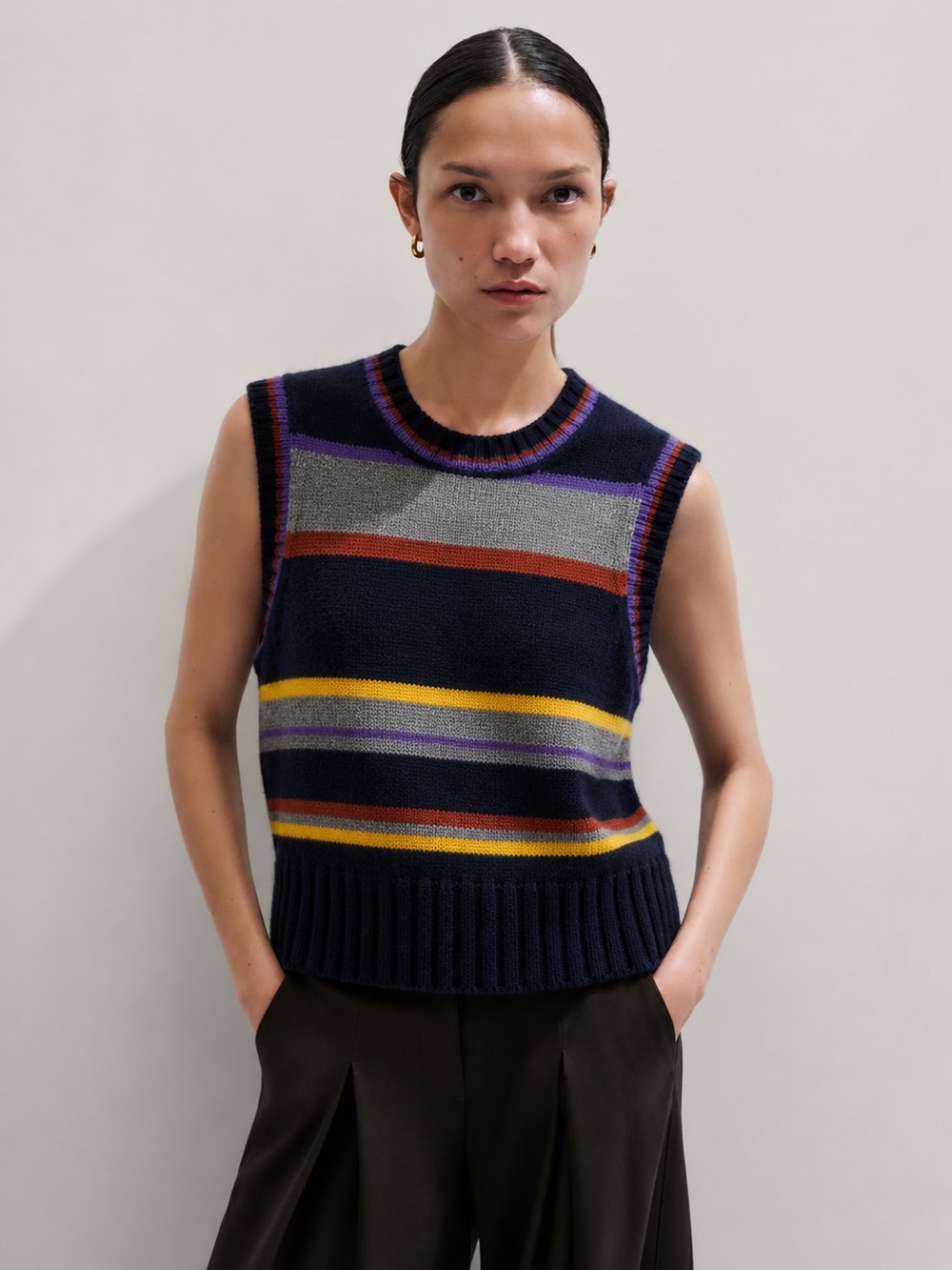ME+EM Textured Crew Vest in Multicolor Stripe in Merino + Cashmere